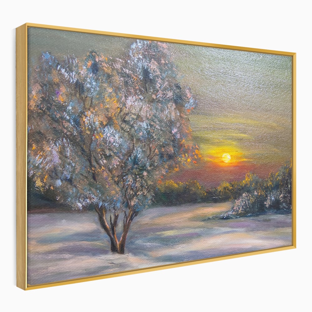 Tablou canvas cu pictura peisaj cu copac si apus, in rama de aluminiu auriu